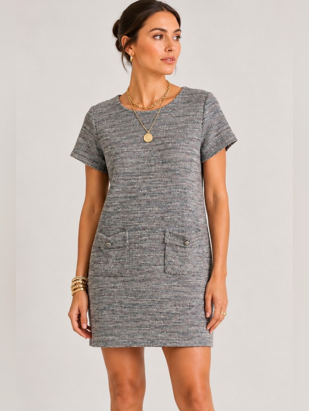 Loft Tweed Like Knit Shift Dress Short Sleeve